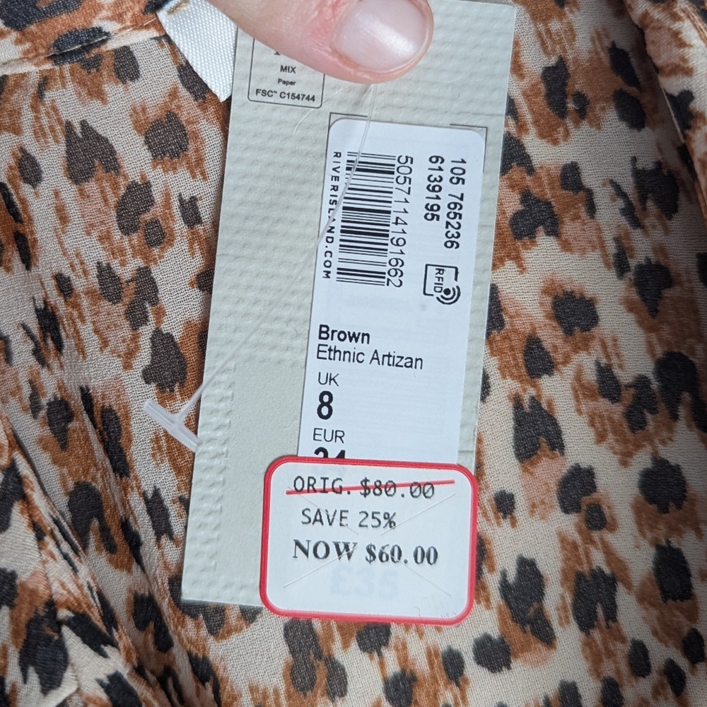 River Island Sheer Leopard Print Ruffle Button Down Shirt W/ Rhinestone Buttons - Picture 5 of 9
